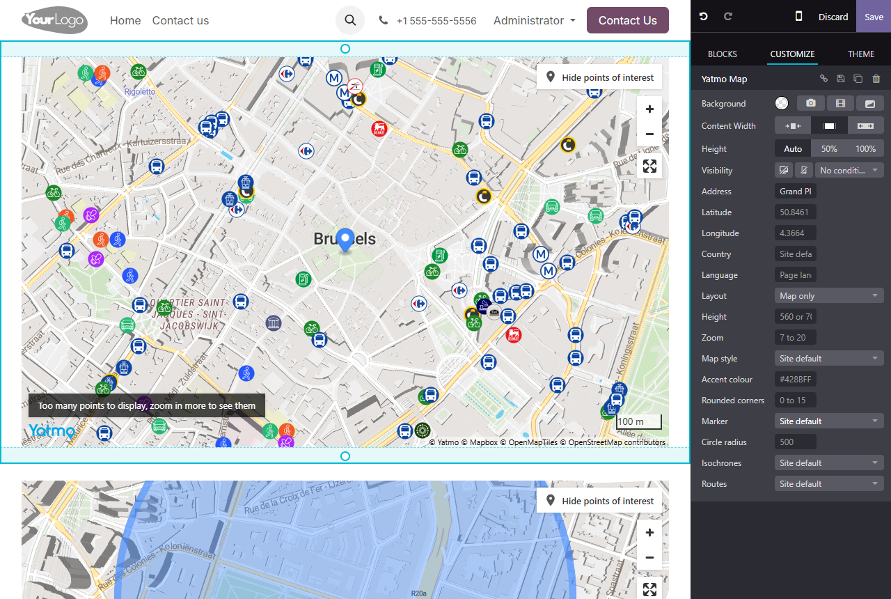 The Yatmo Map block and its options in the Odoo website builder