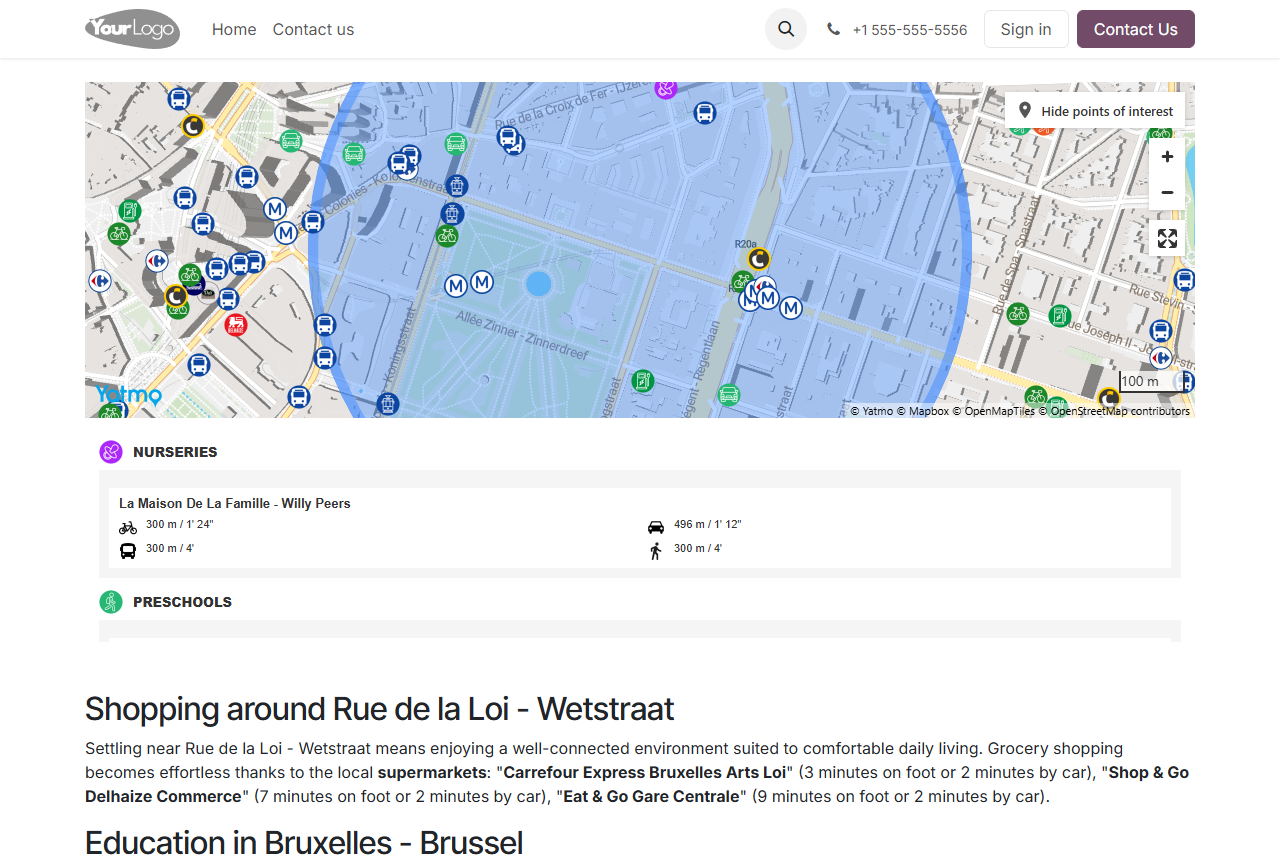 Yatmo map and neighbourhood text on an Odoo property page